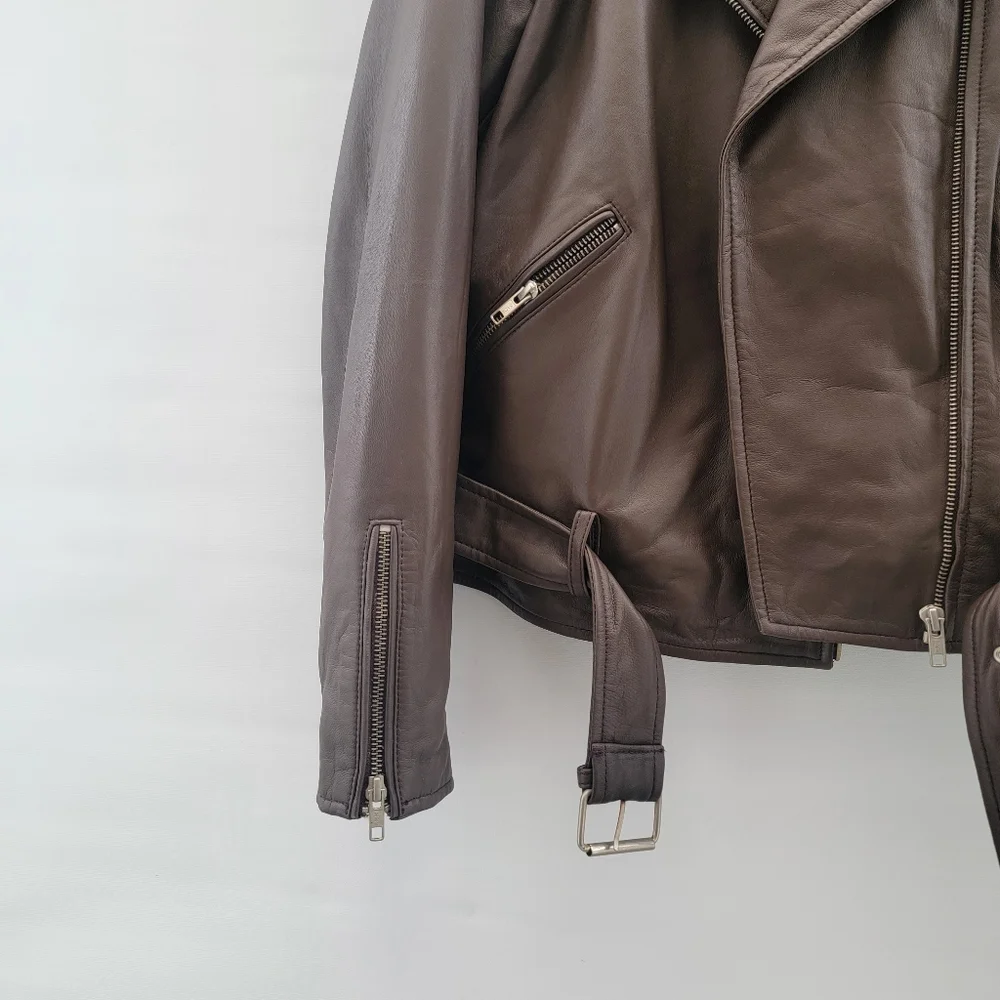 Quince Mocha Brown Leather Moto Biker Jacket Size Large Timeless Minimalist - Picture 9 of 16